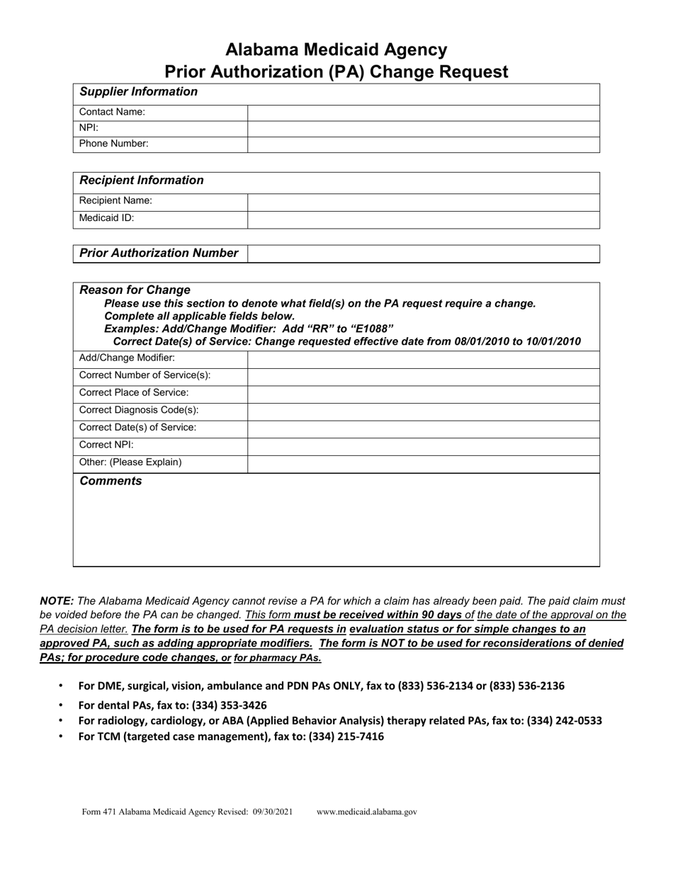 Form 471 Prior Authorization (Pa) Change Request - Alabama, Page 1