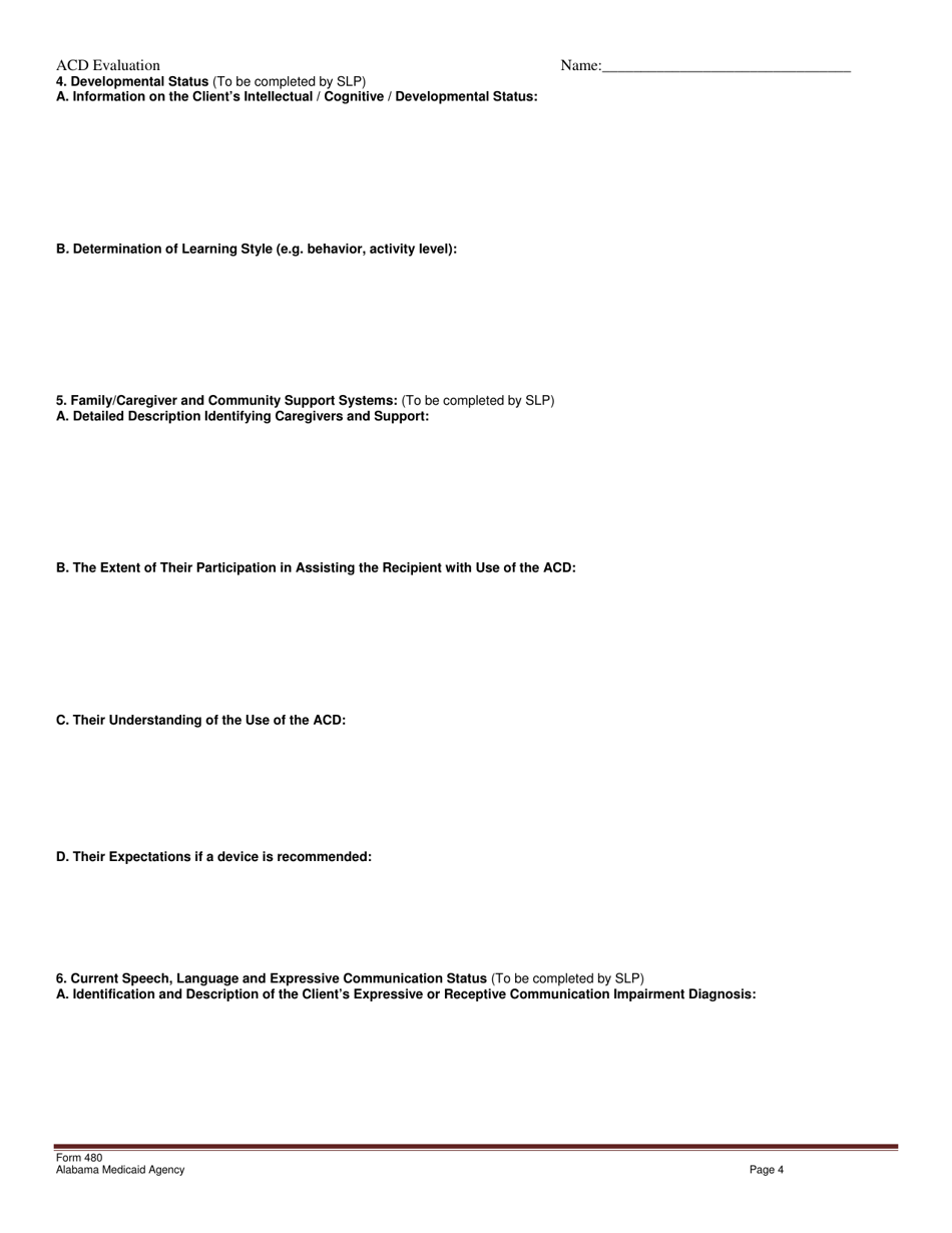 Form 480 Augmentative Communication Device Evaluation Report Form - Alabama, Page 4