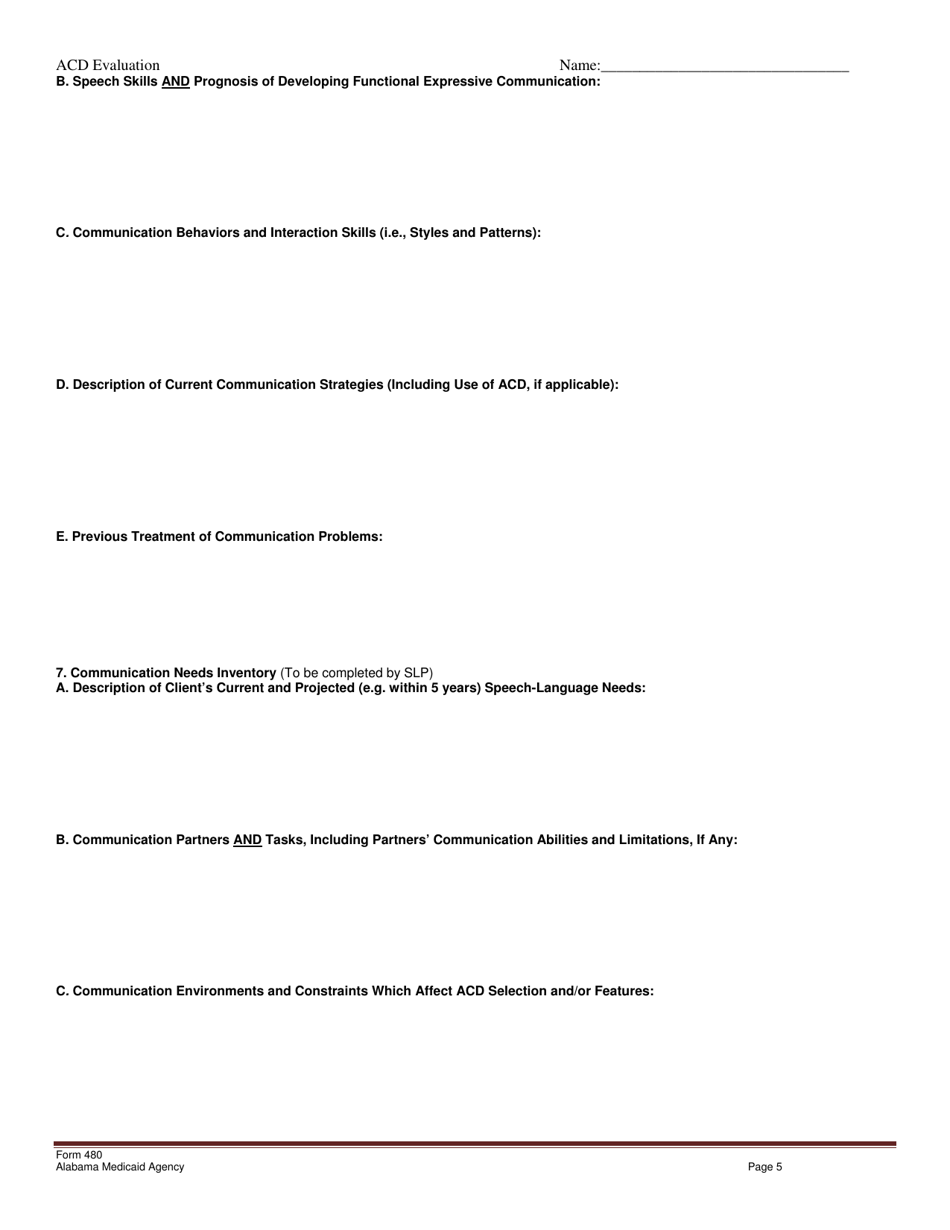 Form 480 Augmentative Communication Device Evaluation Report Form - Alabama, Page 5