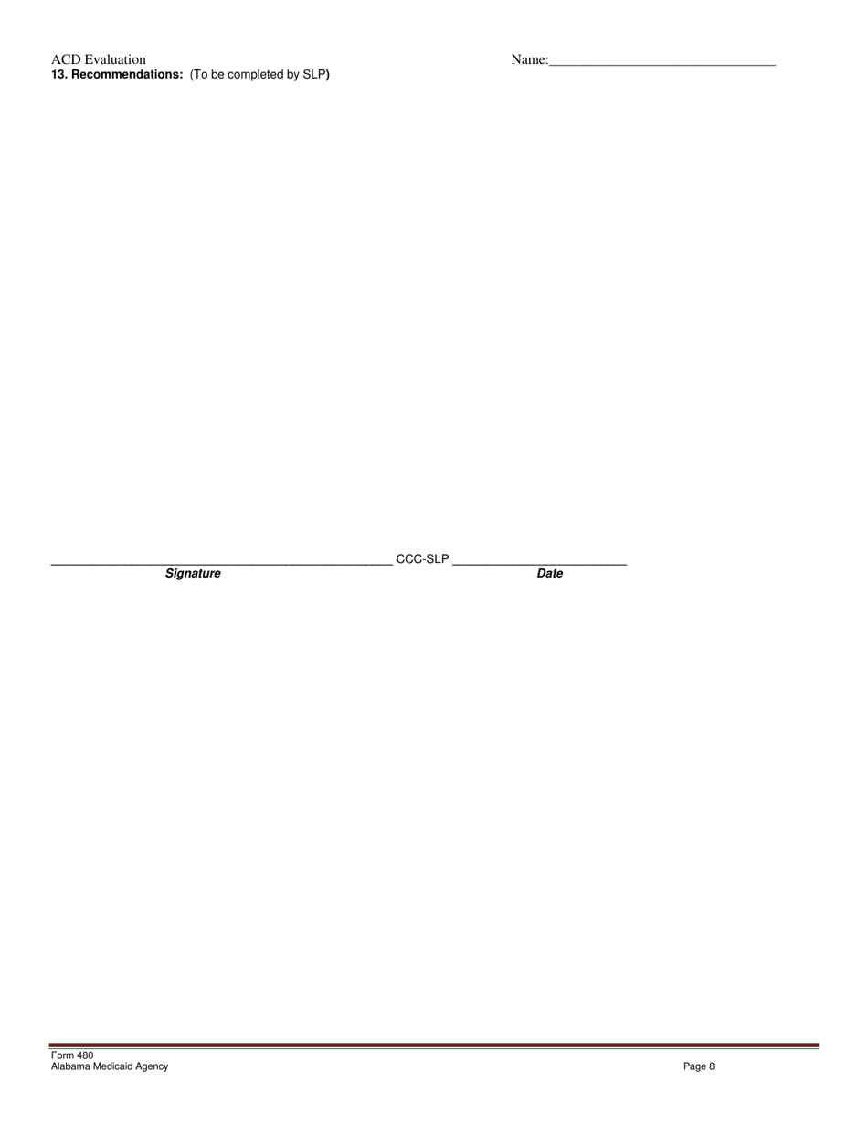 Form 480 Augmentative Communication Device Evaluation Report Form - Alabama, Page 8