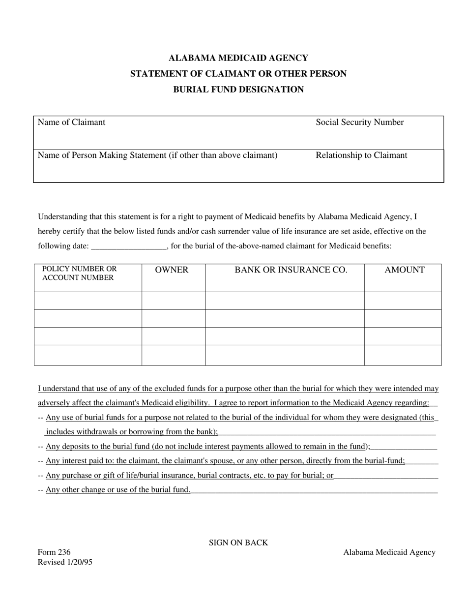 Form 236 Statement of Claimant or Other Person Burial Fund Designation - Alabama, Page 1