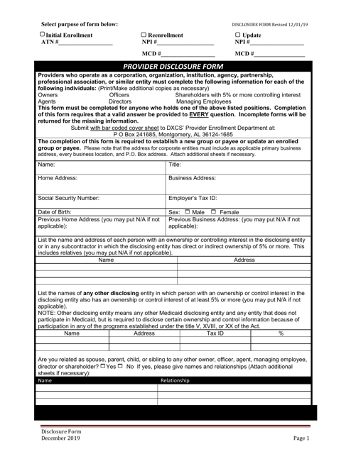 Provider Disclosure Form - Alabama Download Pdf