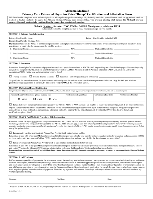 Primary Care Enhanced Physician Rates "bump" Certification and Attestation Form - Alabama Download Pdf