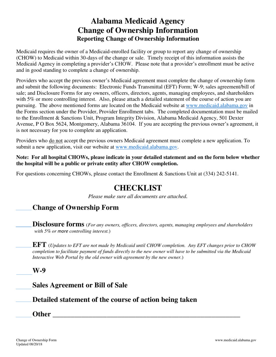 Alabama Change of Ownership Form Fill Out, Sign Online and Download