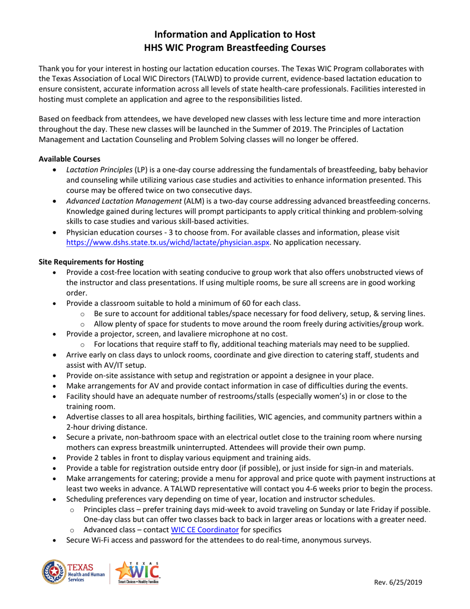 Application to Host Breastfeeding Courses Provided by the Texas Hhs Wic Program - Texas, Page 1