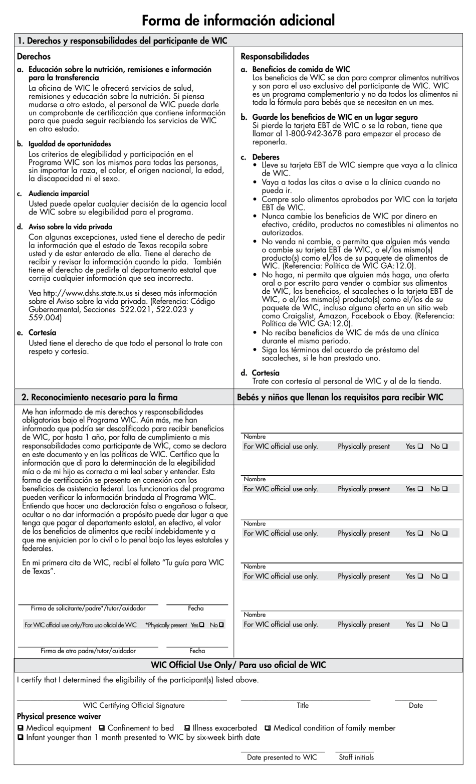 Formulario WIC-35-1A Forma De Informacion Adicional - Texas (Spanish), Page 1