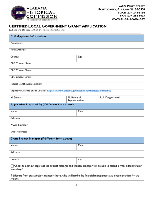 Alabama Certified Local Government Grant Application Download Printable