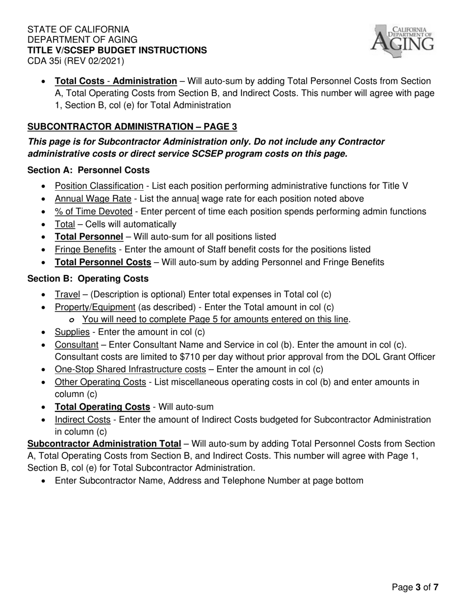 Instructions for Form CDA35 Title V / Scsep Budget - California, Page 3
