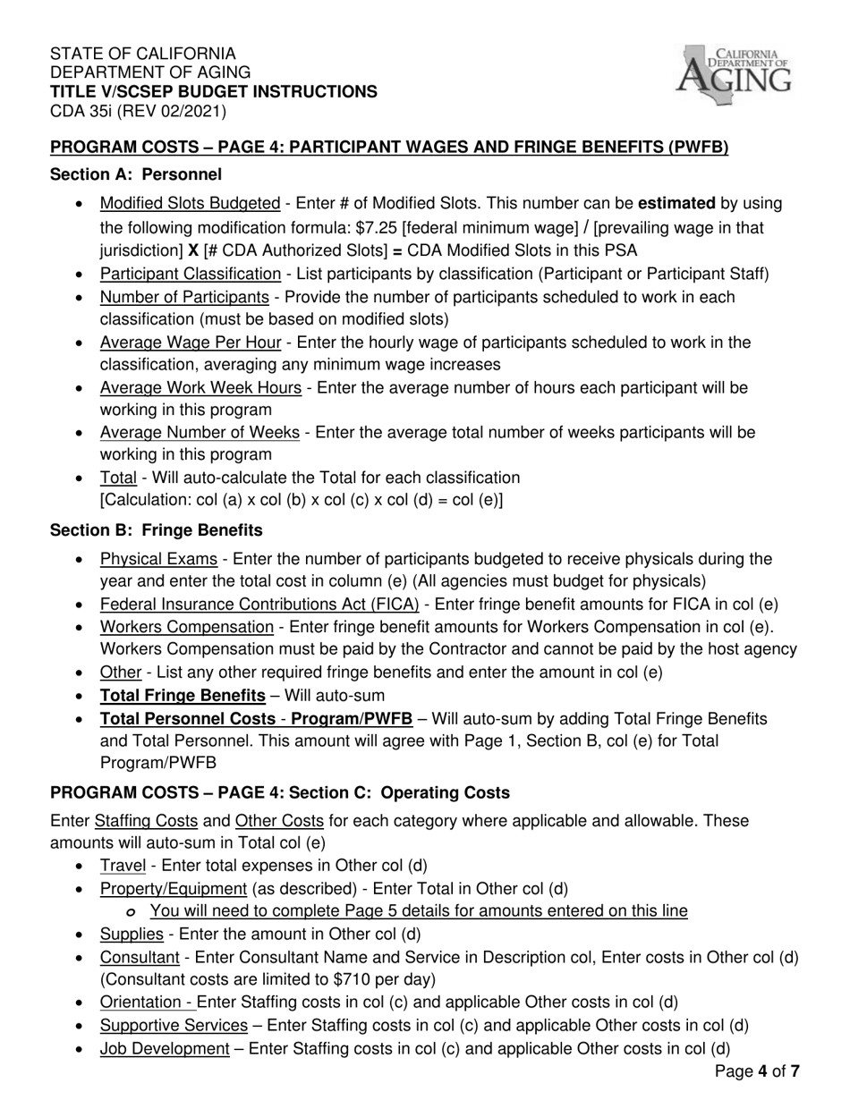 Instructions for Form CDA35 Title V / Scsep Budget - California, Page 4
