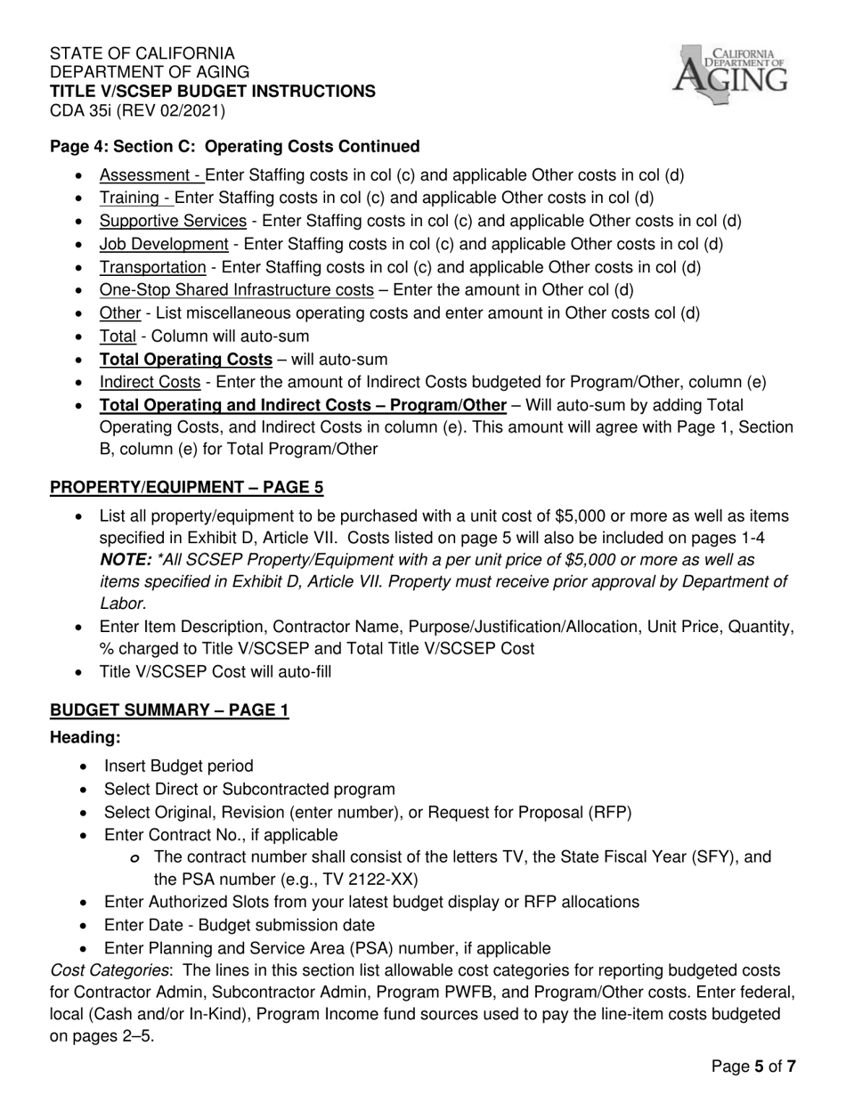 Instructions for Form CDA35 Title V / Scsep Budget - California, Page 5