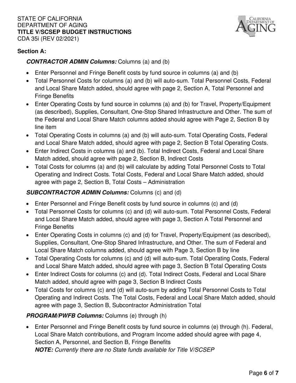Instructions for Form CDA35 Title V / Scsep Budget - California, Page 6