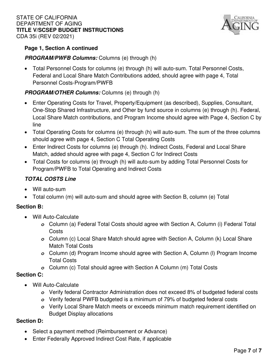 Instructions for Form CDA35 Title V / Scsep Budget - California, Page 7