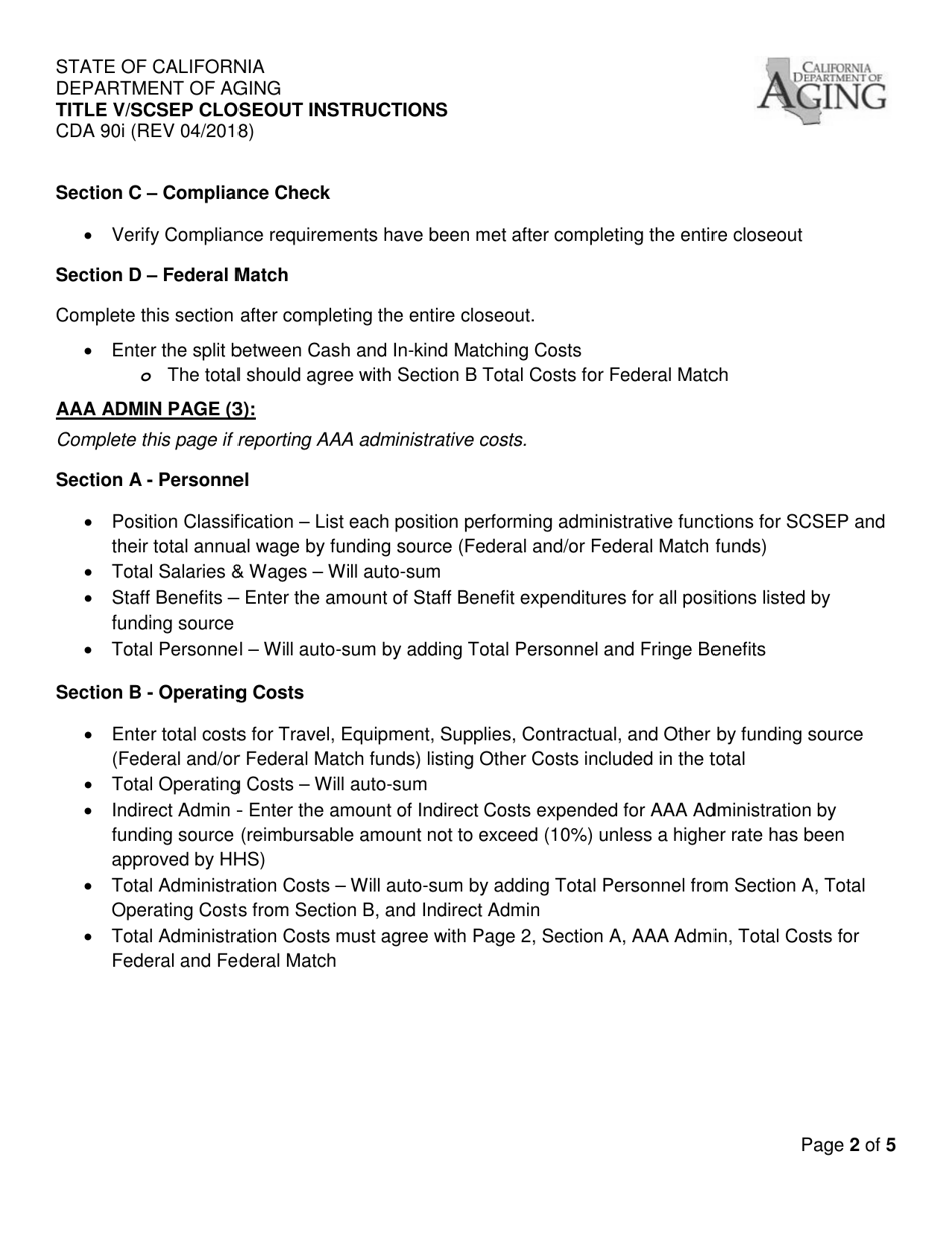 Instructions for Form CDA90 Title V / Scsep Closeout - California, Page 2