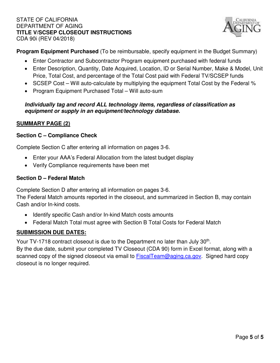 Instructions for Form CDA90 Title V / Scsep Closeout - California, Page 5