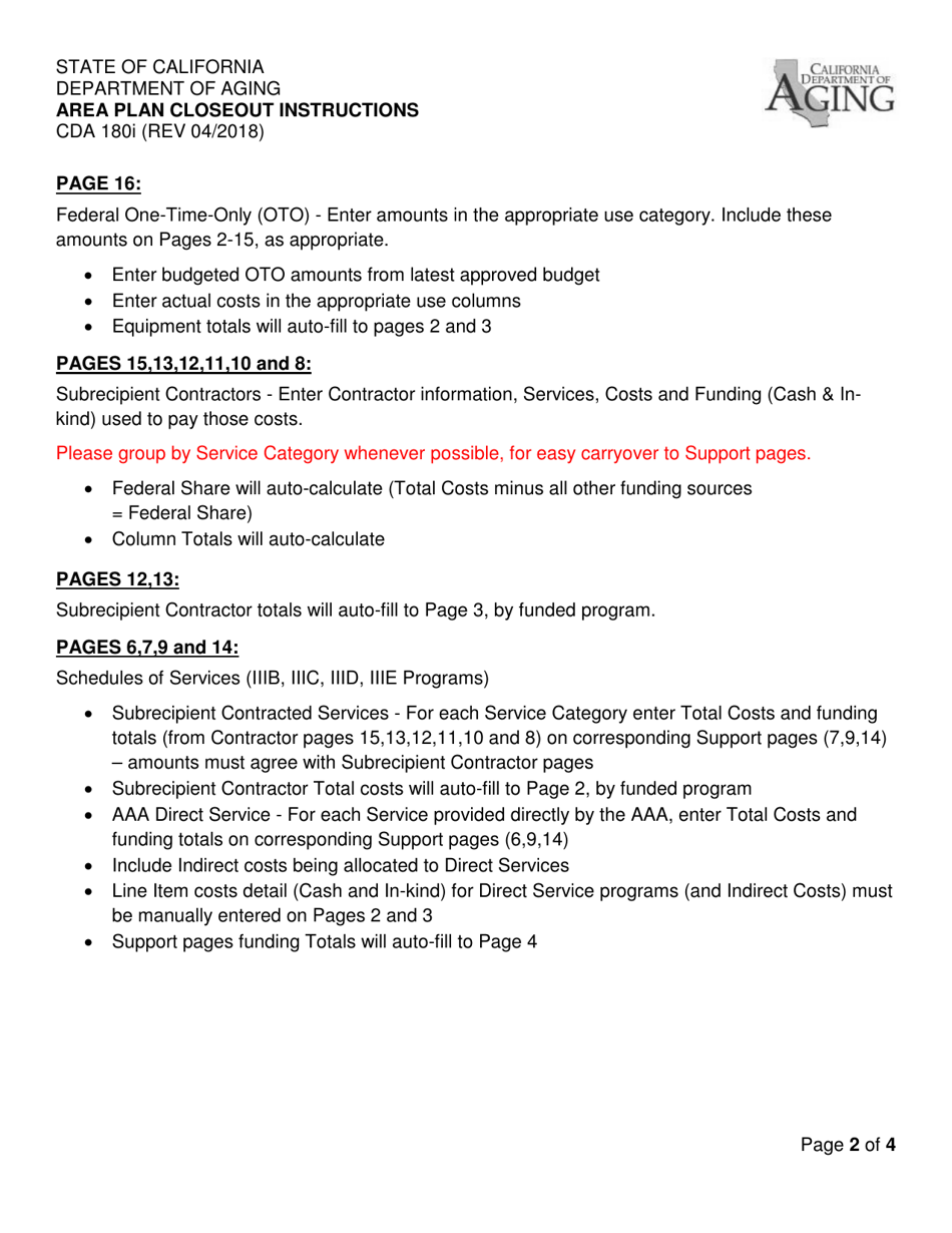 Instructions for Form CDA180 Area Plan Closeout - California, Page 2