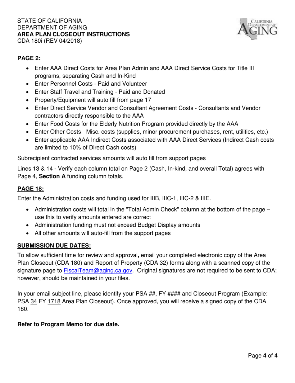Instructions for Form CDA180 Area Plan Closeout - California, Page 4