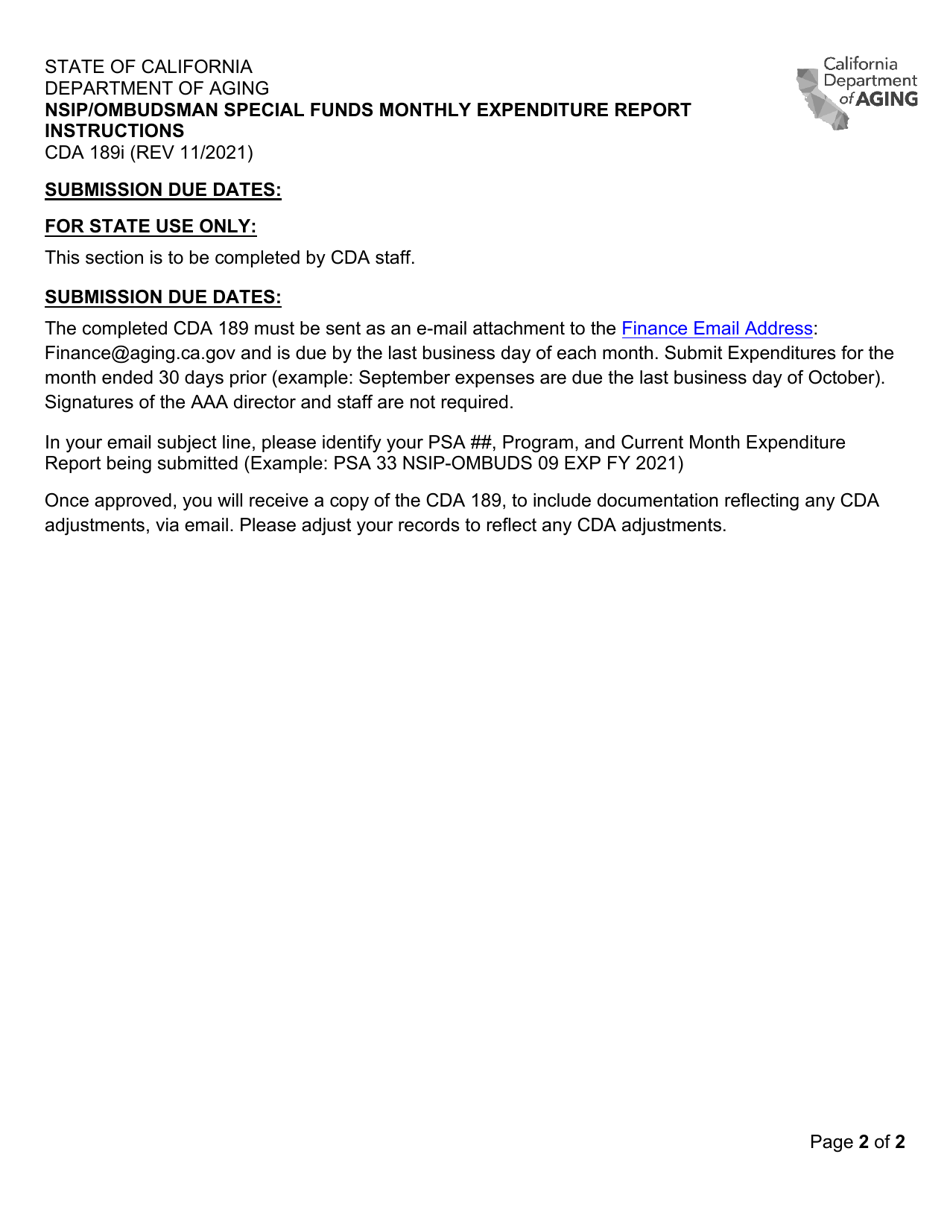 Instructions for Form CDA189 Area Plan Nsip / Ombudsman Special Funds Expenditure Report - California, Page 2