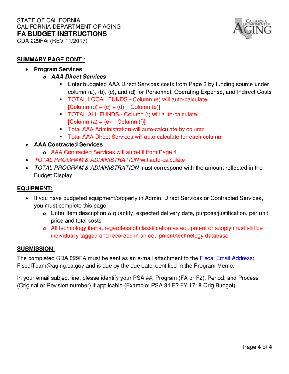 Instructions for Form CDA229FA FA Budget - California, Page 4