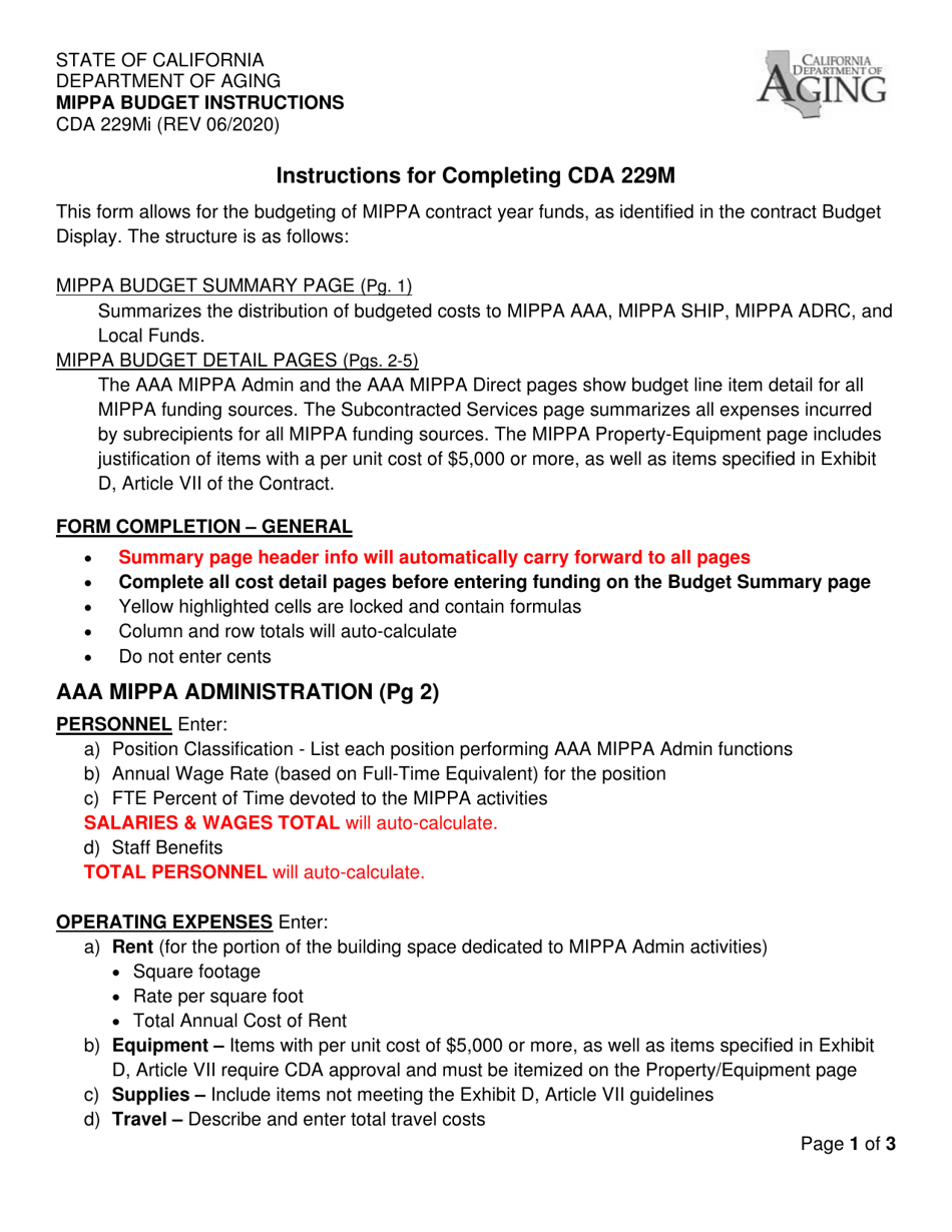 Instructions for Form CDA229M Mippa Budget - California, Page 1