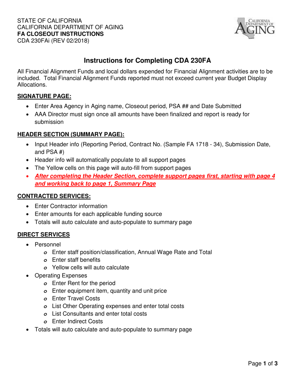 Instructions for Form CDA230FA FA Closeout - California, Page 1