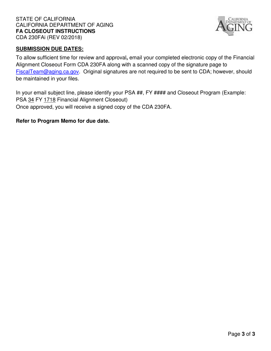 Instructions for Form CDA230FA FA Closeout - California, Page 3