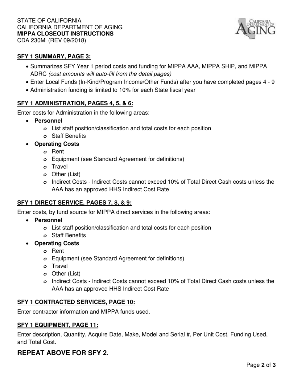 Instructions for Form CDA230M Mippa Closeout - California, Page 2