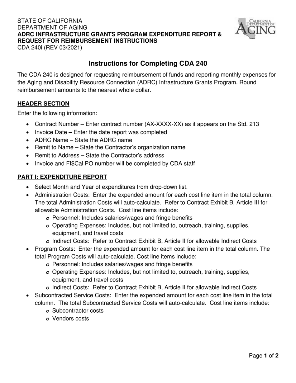 Instructions for Form CDA240 Adrc Infrastructure Grants Program Expenditure Report  Request for Reimbursement - California, Page 1