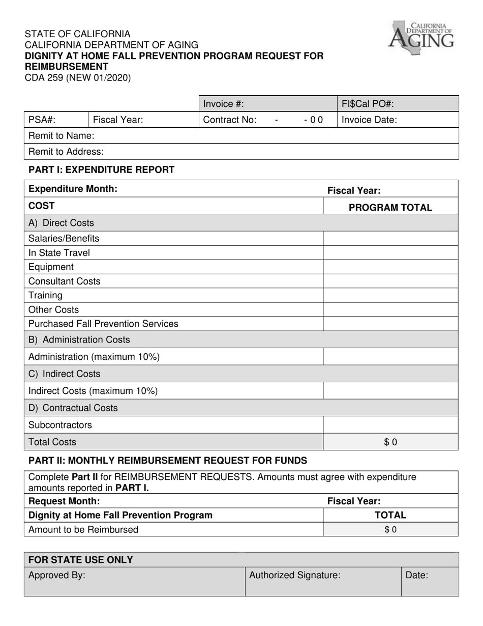 Form CDA259 Dignity at Home Fall Prevention Program Request for Reimbursement - California, Page 1