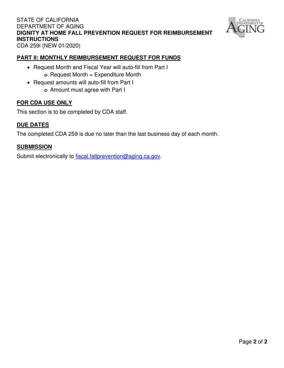 Instructions for Form CDA259 Dignity at Home Fall Prevention Program Request for Reimbursement - California, Page 2