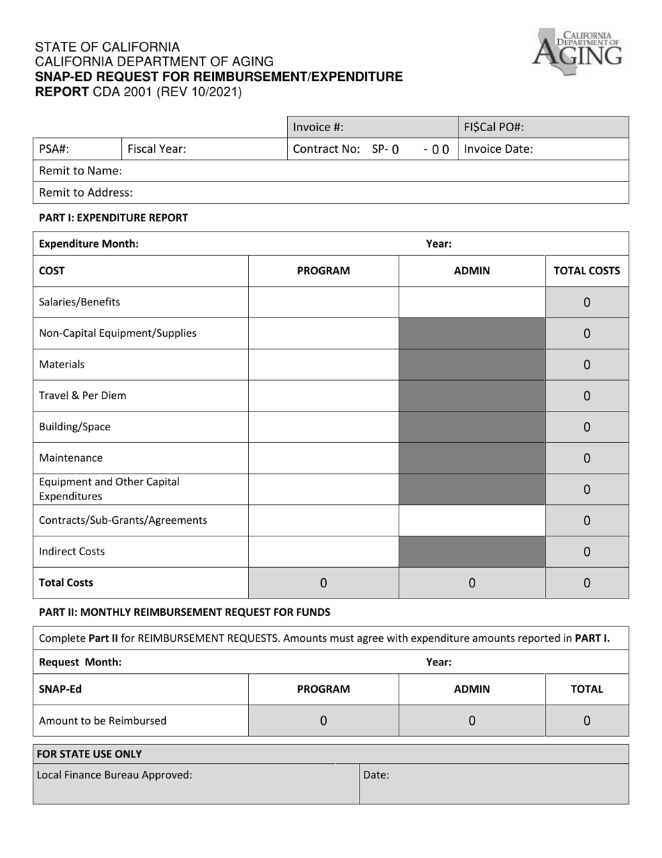 Form CDA2001 Snap-Ed Request for Reimbursement / Expenditure Report - California, Page 1