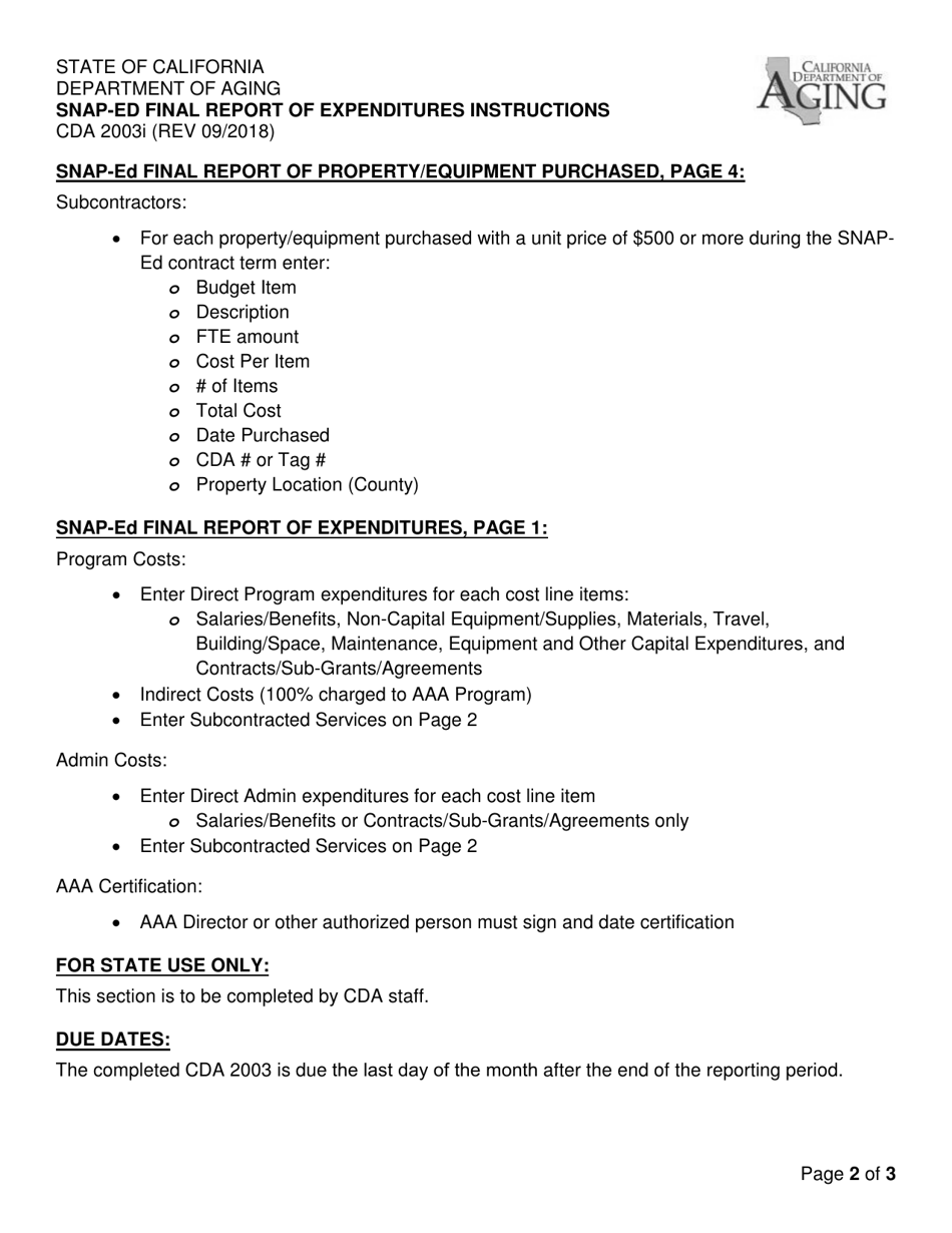 Instructions for Form CDA2003 Snap-Ed Final Report of Expenditures - California, Page 2