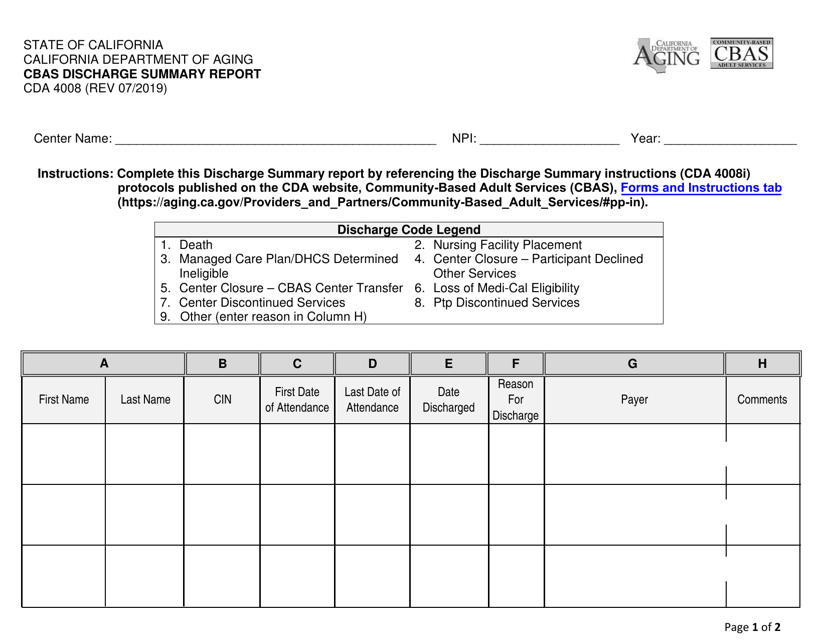 Form CDA4008 Cbas Discharge Summary Report - California