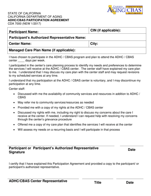 Form CDA7000 Adhc/Cbas Participation Agreement - California