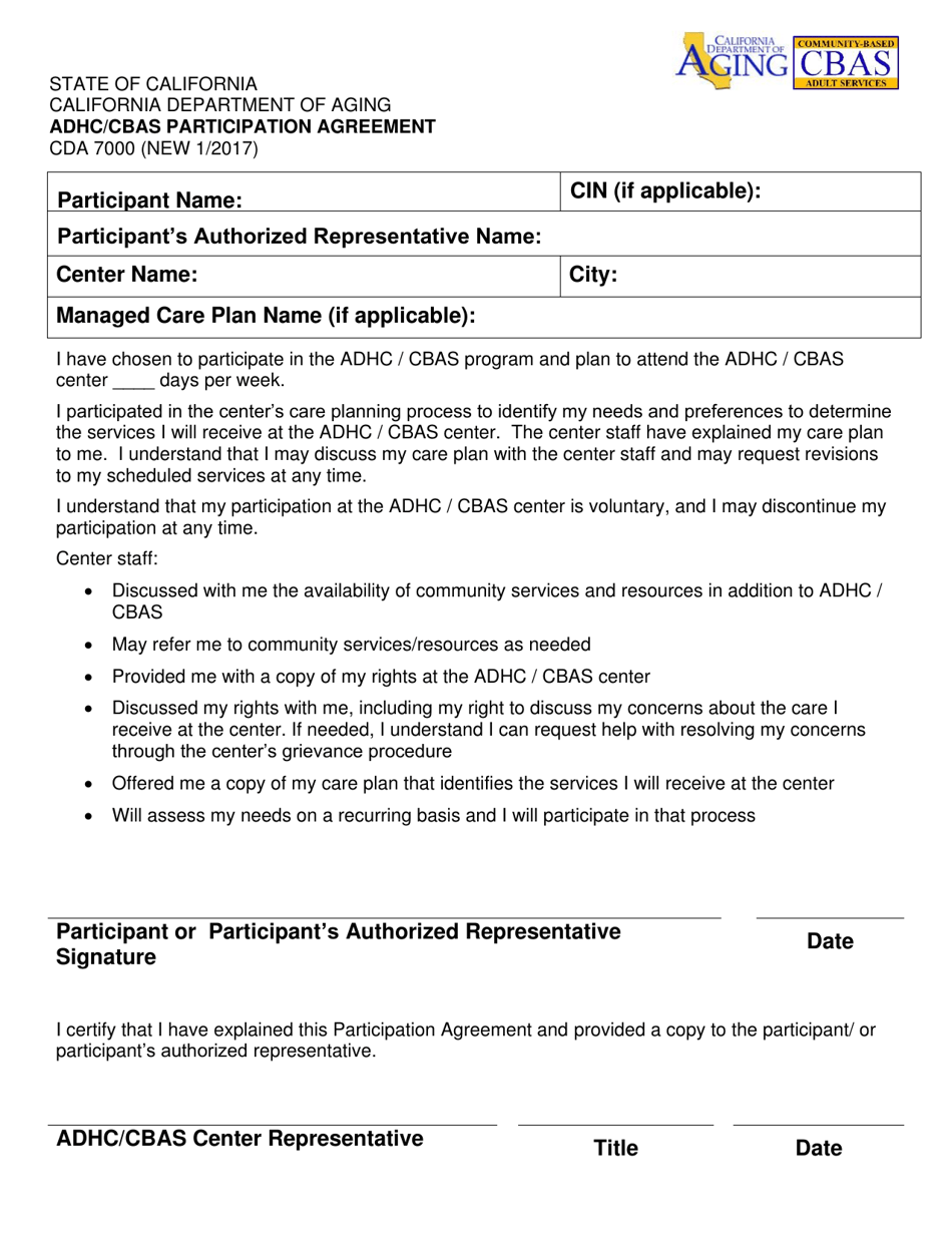 Form CDA7000 Adhc / Cbas Participation Agreement - California, Page 1