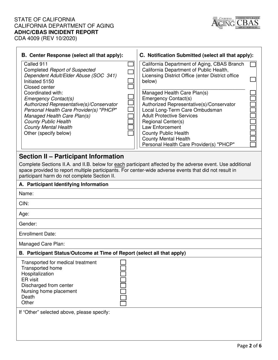 Form CDA4009 Adhc / Cbas Incident Report - California, Page 2