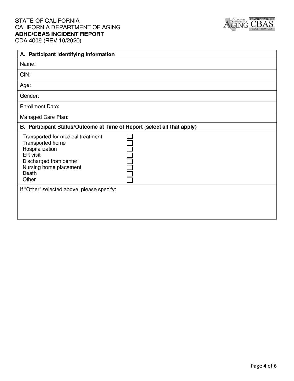 Form CDA4009 Adhc / Cbas Incident Report - California, Page 4