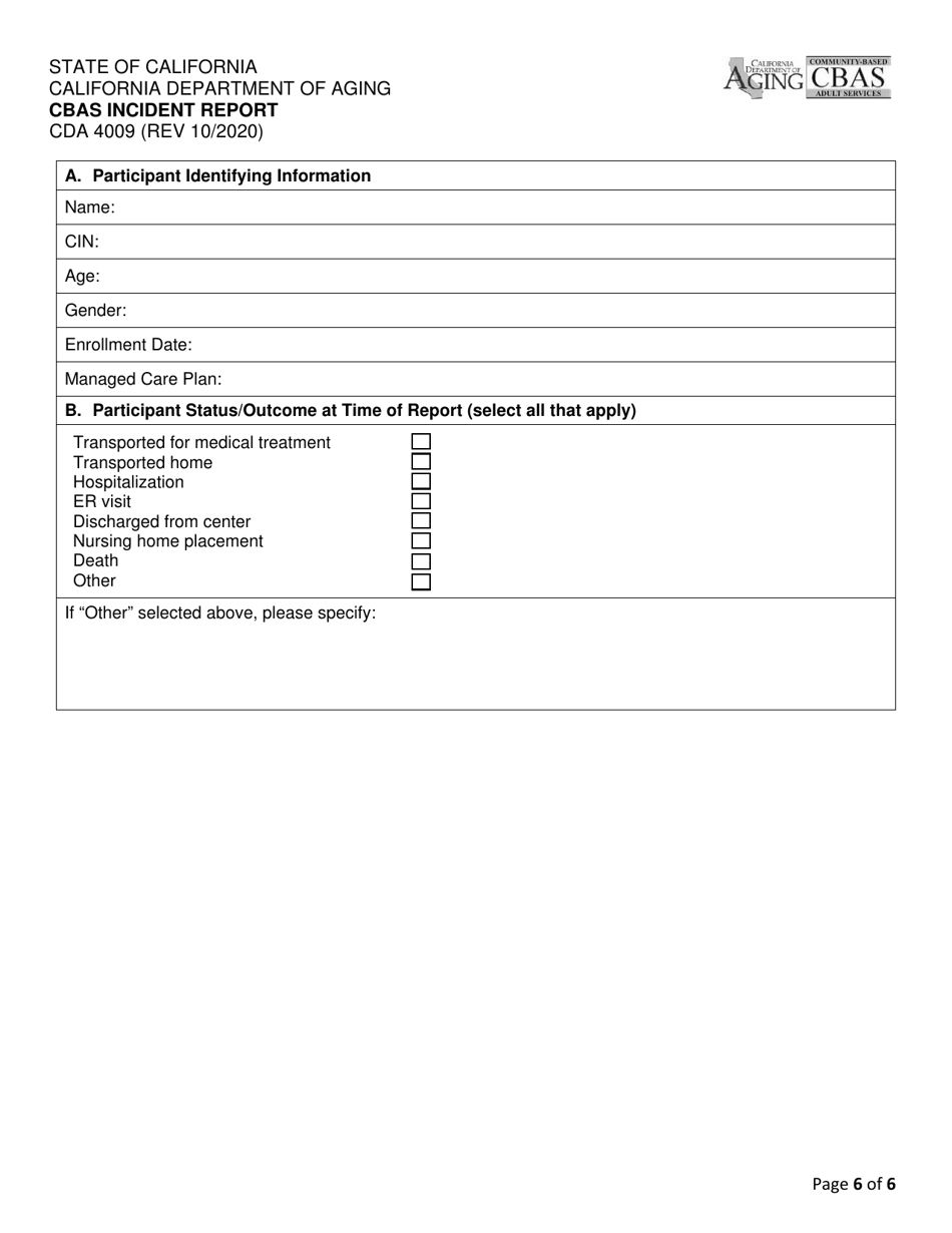 Form CDA4009 Adhc / Cbas Incident Report - California, Page 6