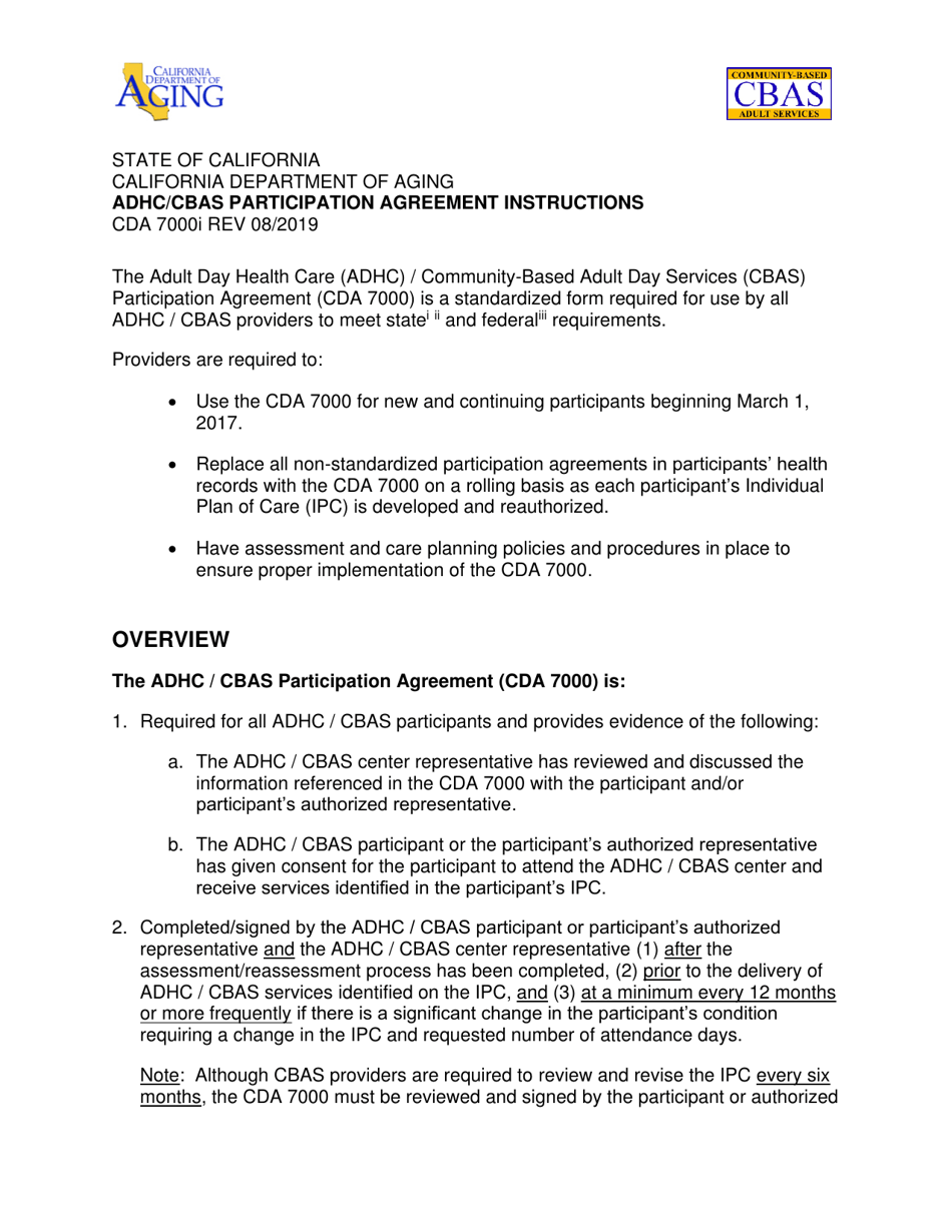 Instructions for Form CDA7000 Adhc / Cbas Participation Agreement - California, Page 1