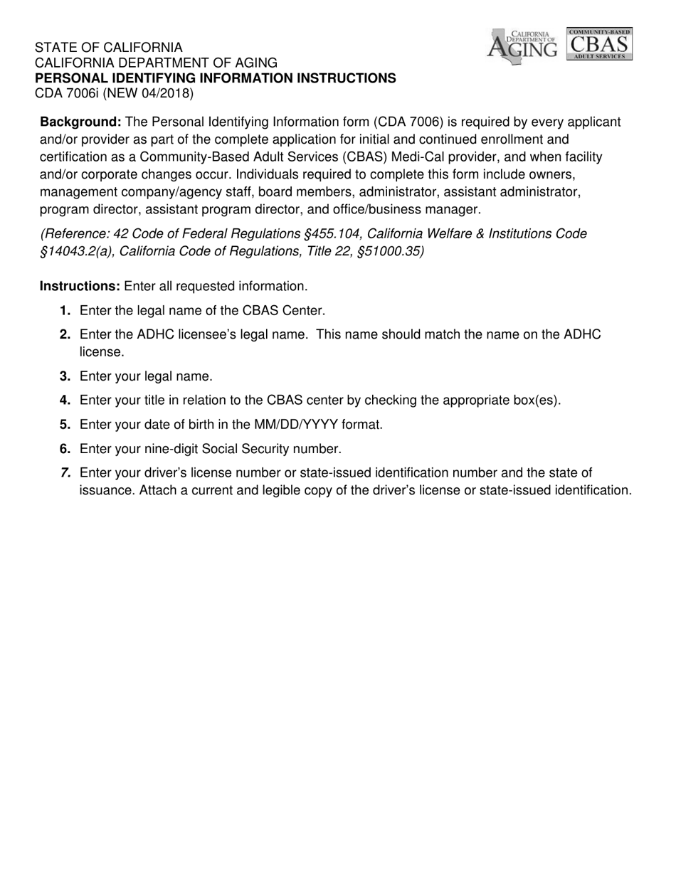 Instructions for Form CDA7006 Personal Identifying Information - California, Page 1