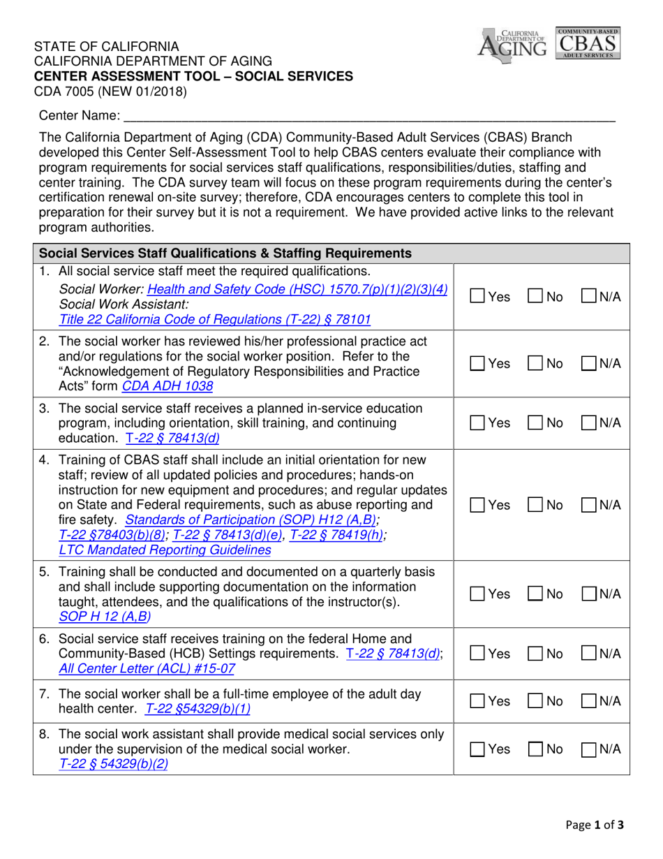 Form CDA7005 Center Assessment Tool - Social Services - California, Page 1