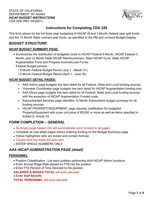 Instructions for Form CDA229 Hicap Budget - California