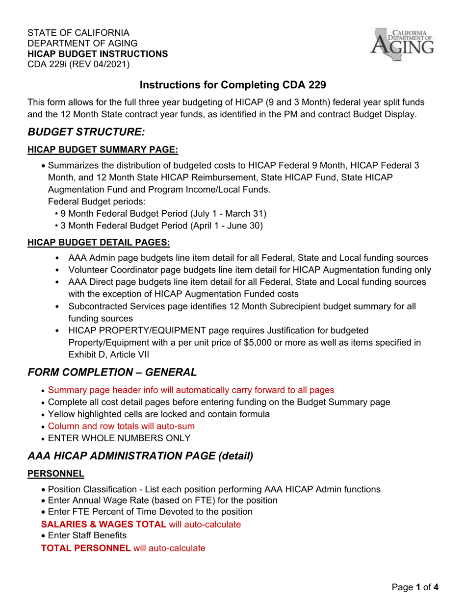 Instructions for Form CDA229 Hicap Budget - California, Page 1