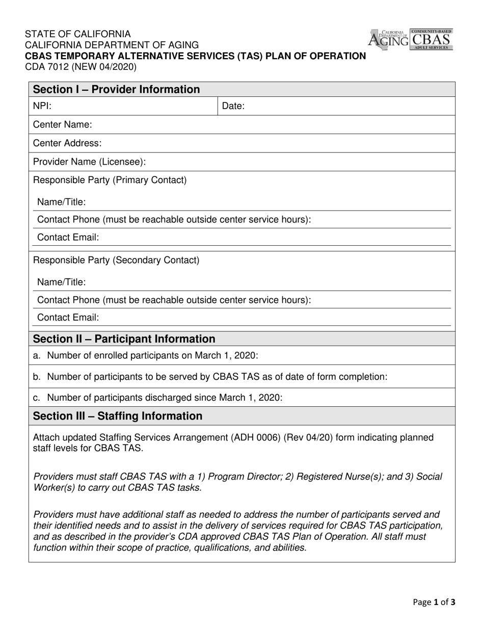Form CDA7012 Cbas Temporary Alternative Services (Tas) Plan of Operation - California, Page 1