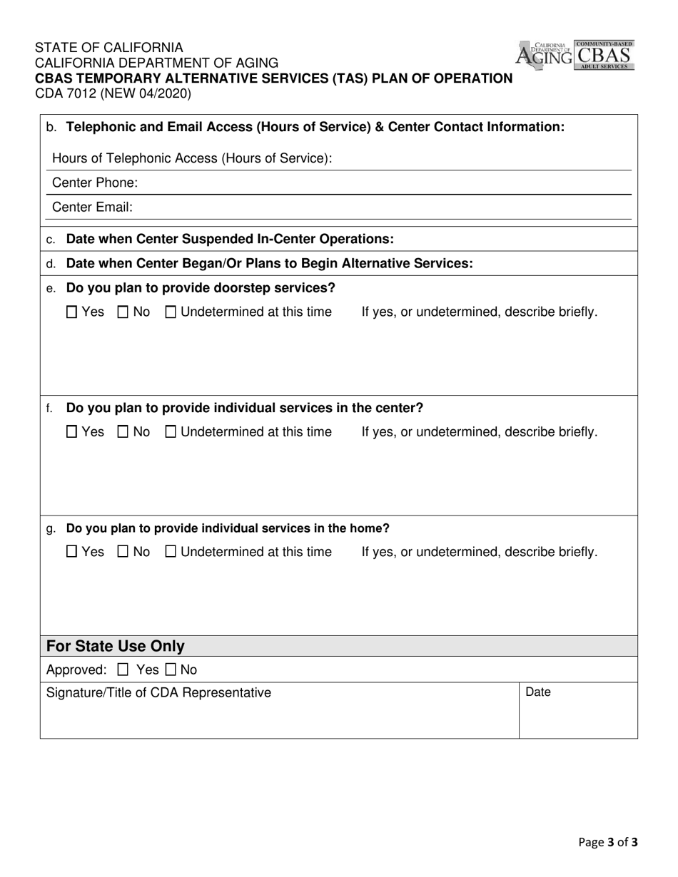 Form CDA7012 Cbas Temporary Alternative Services (Tas) Plan of Operation - California, Page 3
