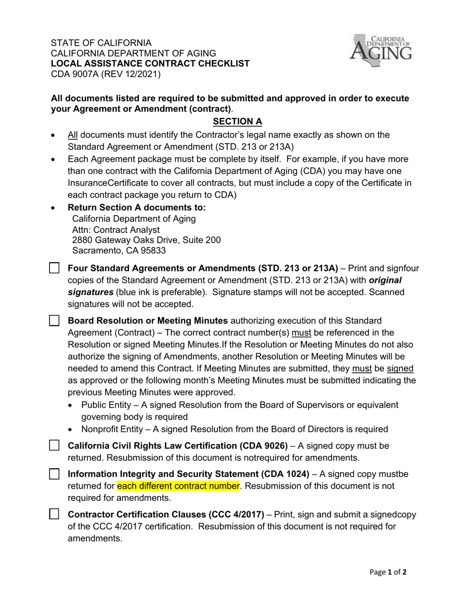 Form CDA9007A Local Assistance Contract Checklist - California, Page 1