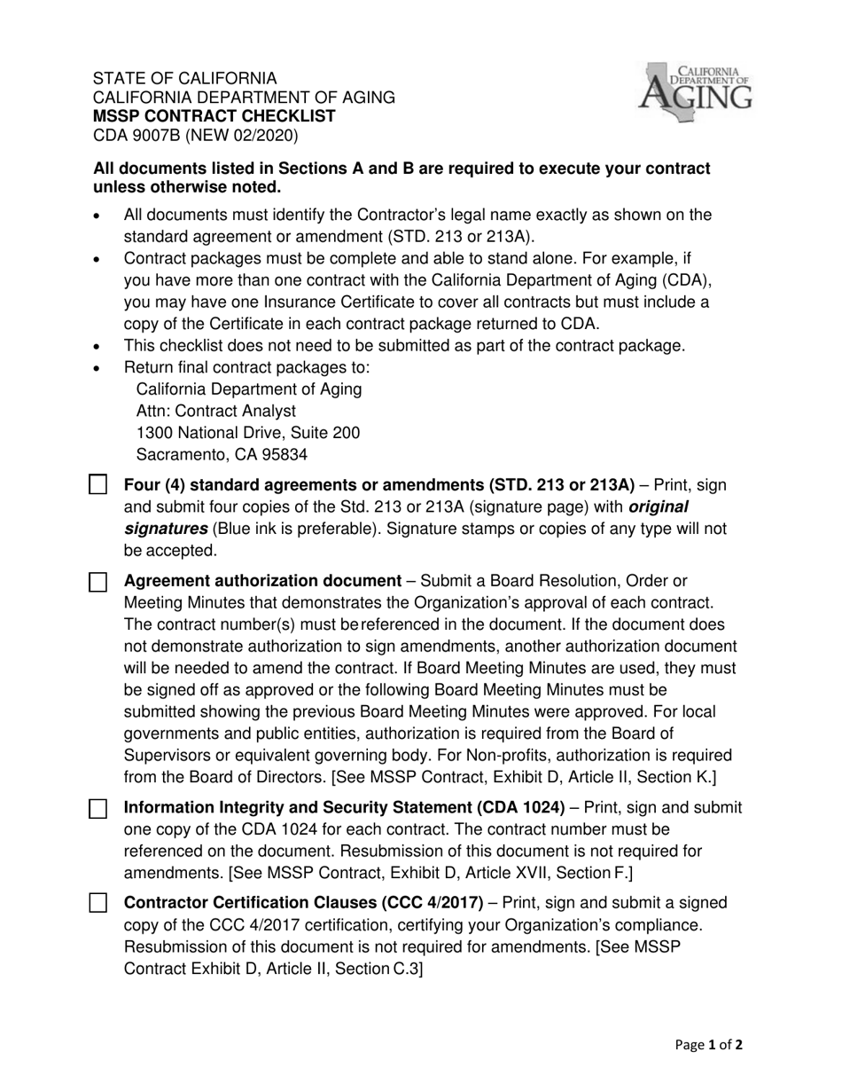 Form CDA9007B Mssp Contract Checklist - California, Page 1