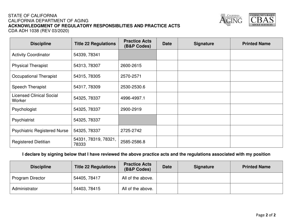 Form CDA ADH1038 Acknowledgement of Regulatory Responsibilities and Practice Acts - California, Page 2