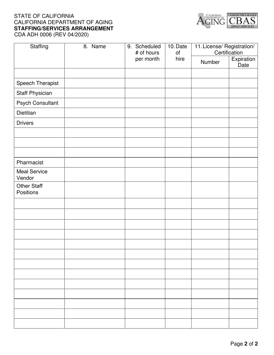 Form CDA ADH0006 Staffing Services Arrangement - California, Page 2