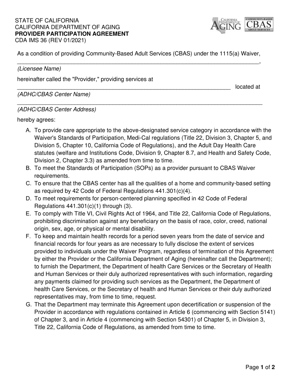 Form CDA IMS36 Cbas Provider Participation Agreement - California, Page 1