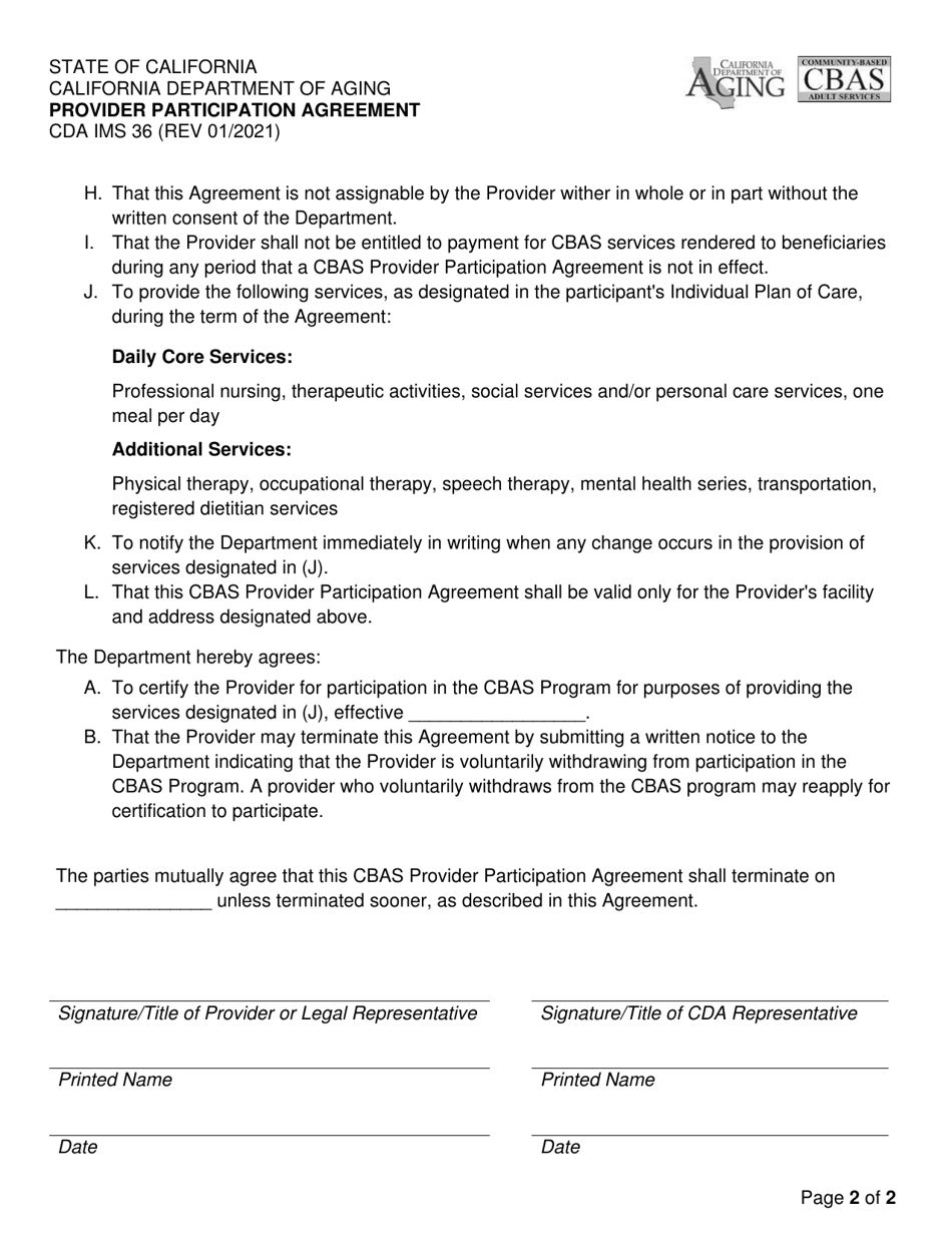 Form CDA IMS36 Cbas Provider Participation Agreement - California, Page 2